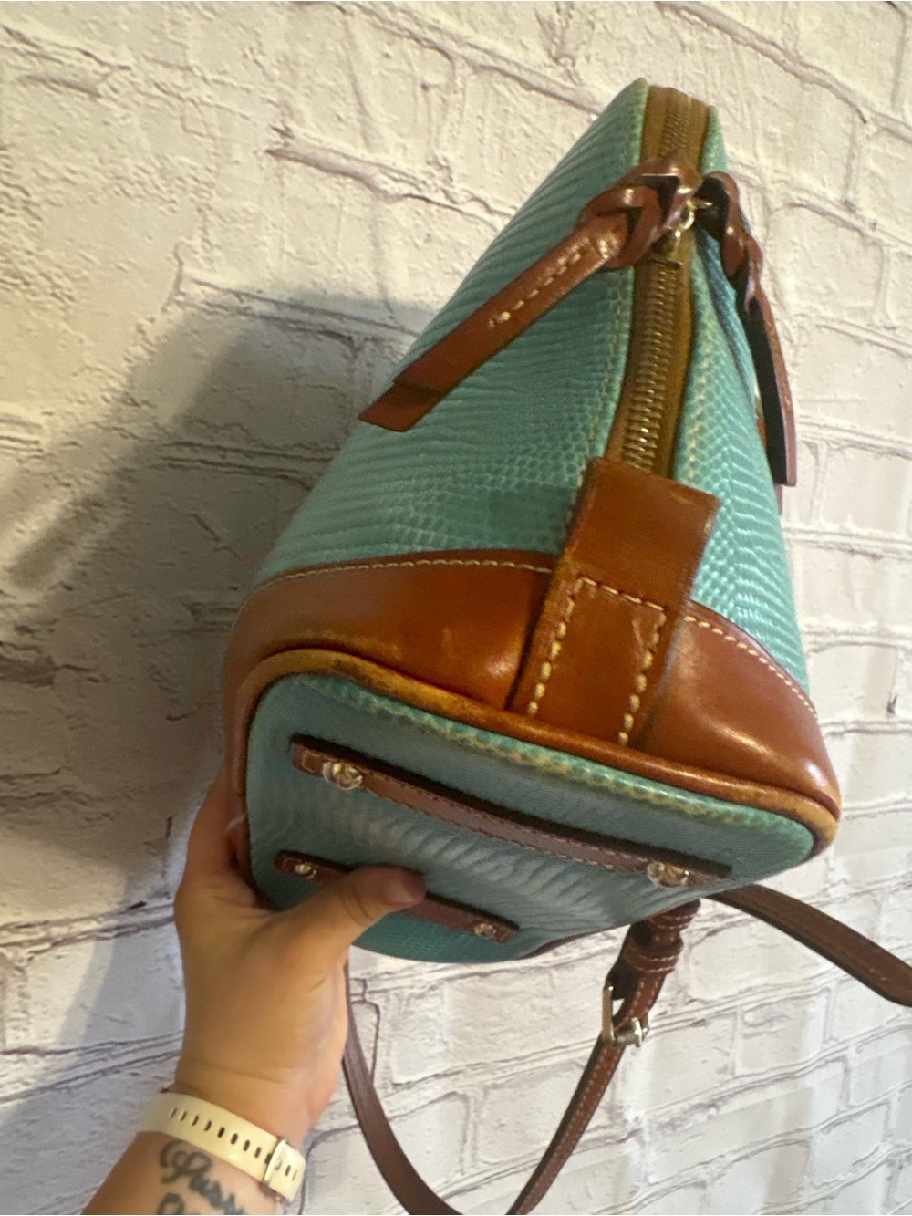 Dooney & Bourke Teal Pebble Grain “Zip Zip” Satchel with Brown Trim - Picture 3 of 16